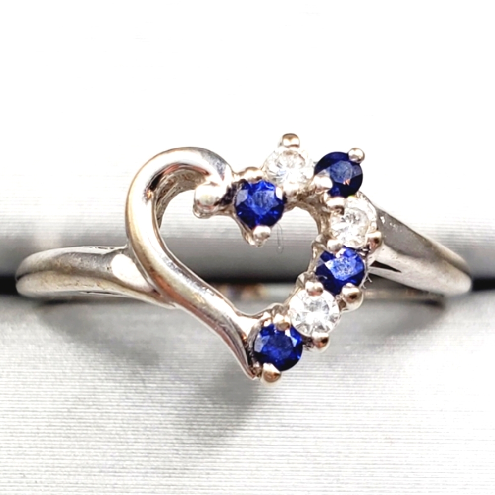 10k Solid White Gold Genuine Blue Sapphire & Simulated Diamond Heart Ring